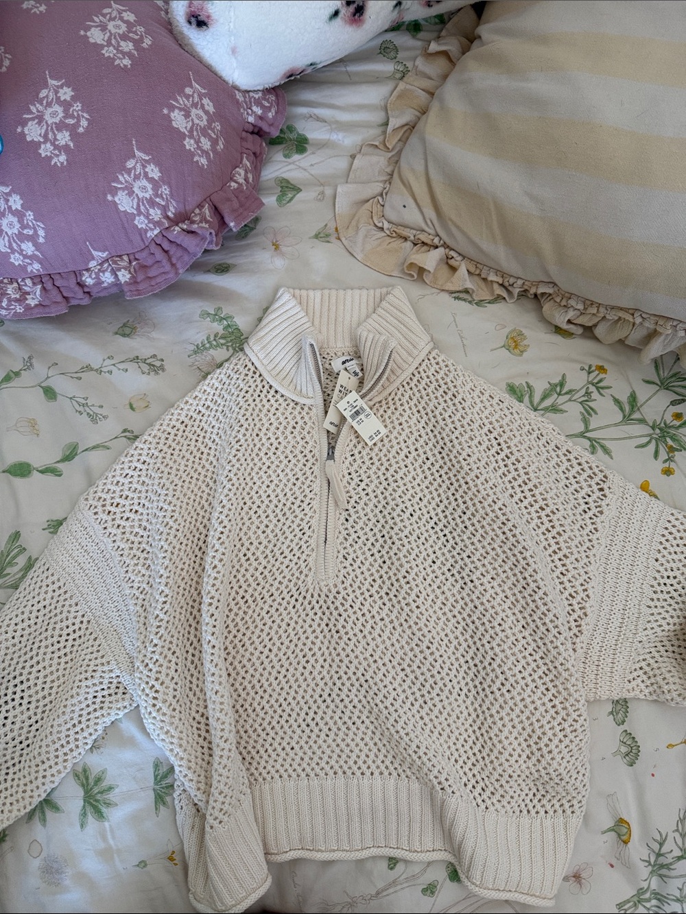 aerie Cream Open-Weave Half-Zip Turtleneck Sweater